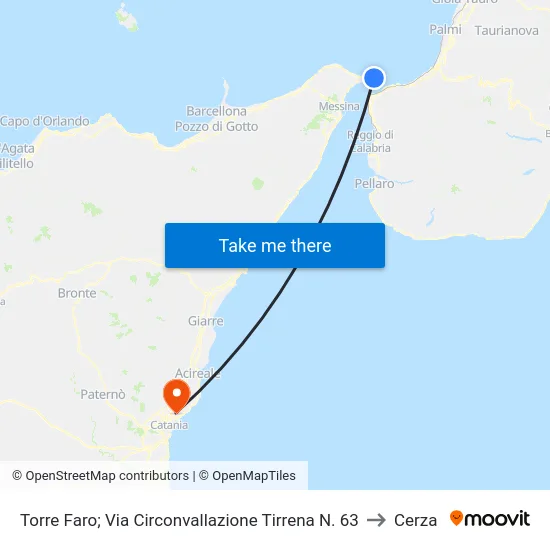 Torre Faro; Via Circonvallazione Tirrena N. 63 to Cerza map