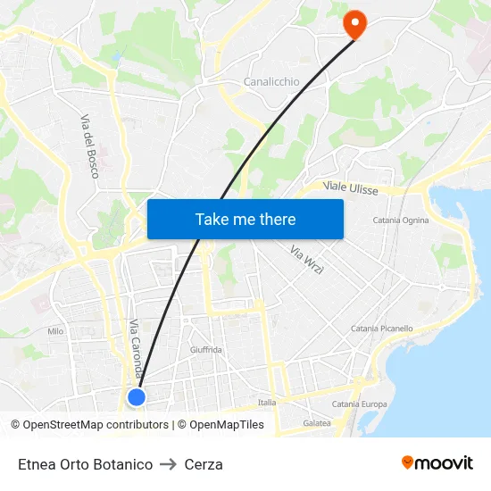 Etnea Orto Botanico to Cerza map