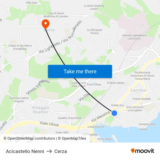 Acicastello Nenni to Cerza map