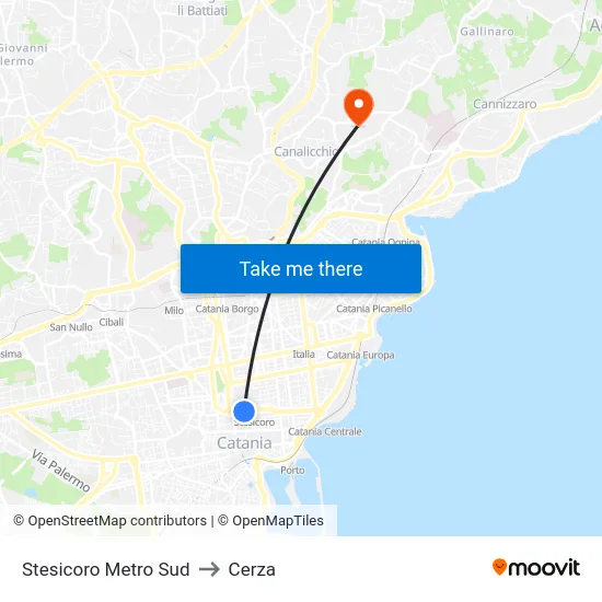 Stesicoro Metro Sud to Cerza map