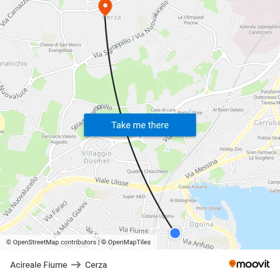Acireale Fiume to Cerza map