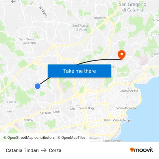Catania Tindari to Cerza map