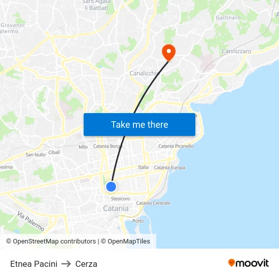 Etnea Pacini to Cerza map