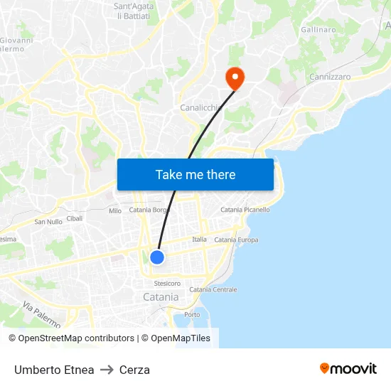 Umberto Etnea to Cerza map