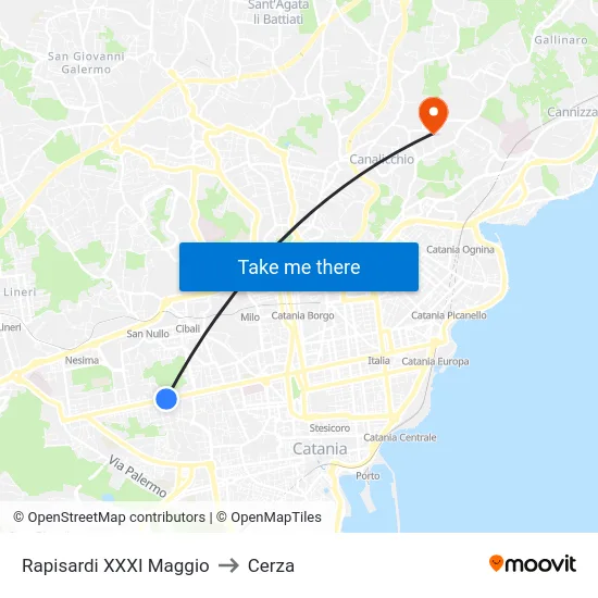 Rapisardi XXXI Maggio to Cerza map