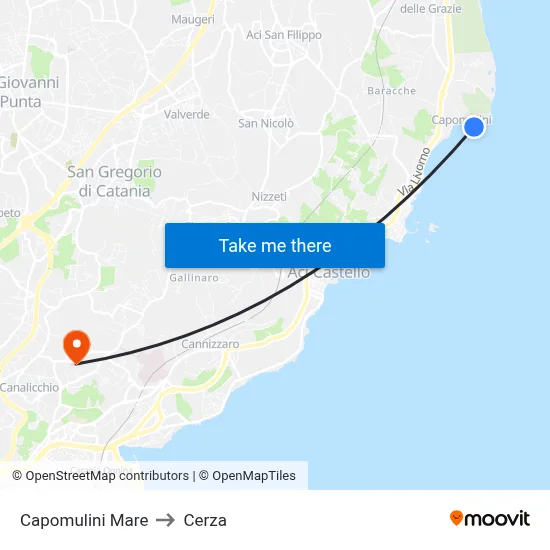 Capomulini Beach to Cerza map