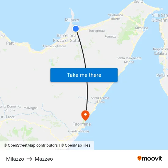 Milazzo to Mazzeo map