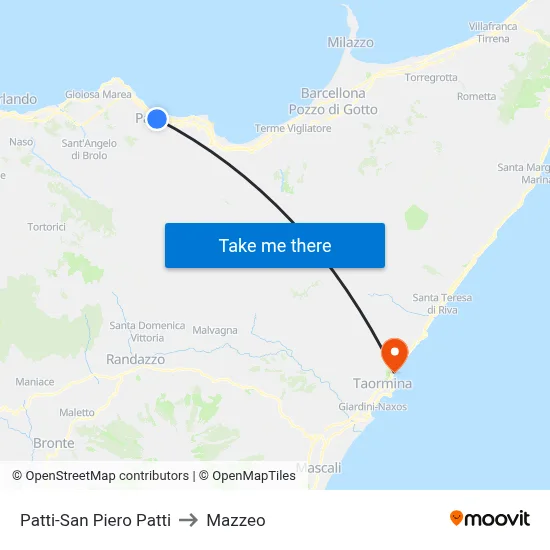 Patti-San Piero Patti to Mazzeo map