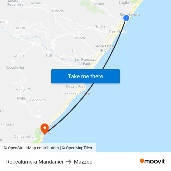 Roccalumera-Mandanici to Mazzeo map