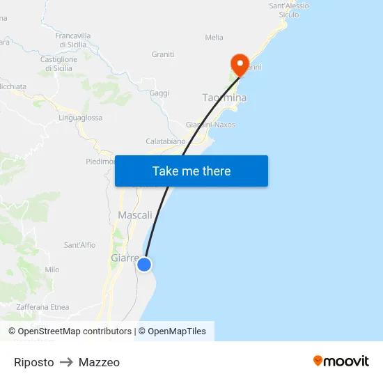 Riposto to Mazzeo map