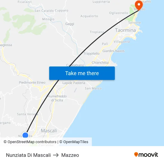 Nunziata Di Mascali to Mazzeo map