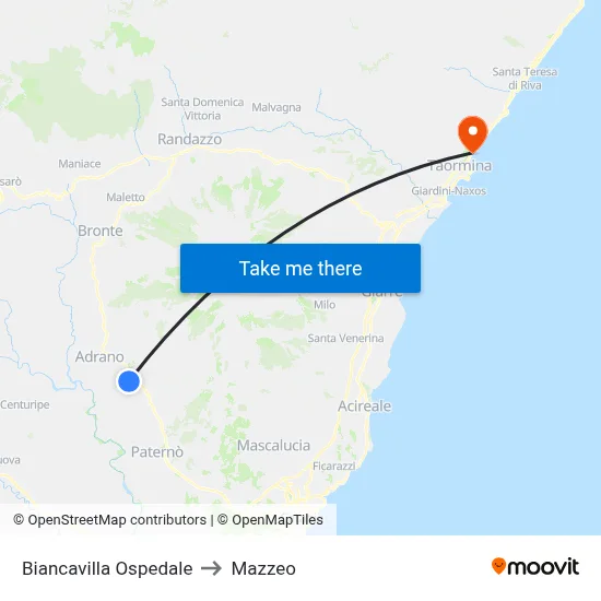 Biancavilla Ospedale to Mazzeo map