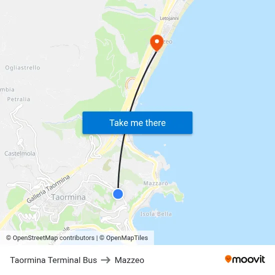 Taormina Terminal Bus to Mazzeo map