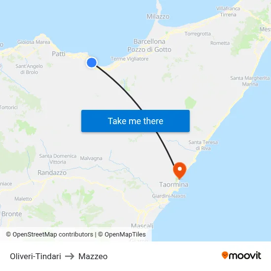 Oliveri-Tindari to Mazzeo map