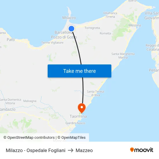 Milazzo - Ospedale Fogliani to Mazzeo map