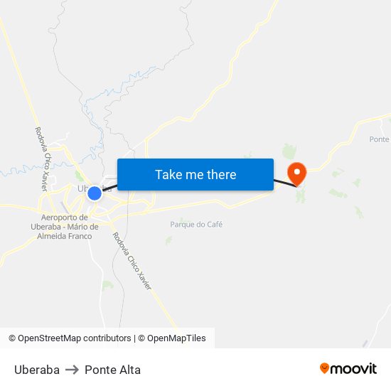 Uberaba to Ponte Alta map