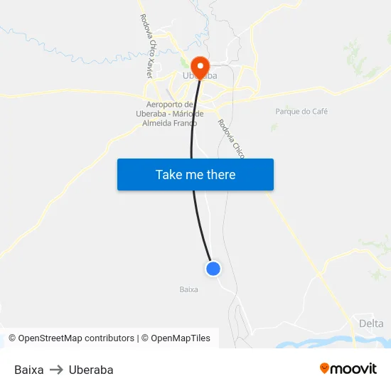 Baixa to Uberaba map