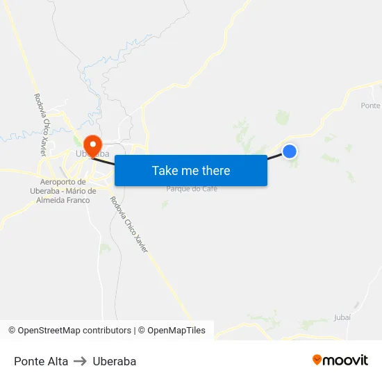 Ponte Alta to Uberaba map