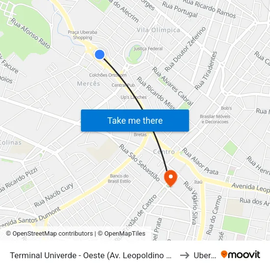 Terminal Univerde - Oeste (Av. Leopoldino De Oliveira, 5100) to Uberaba map