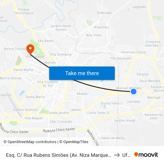 Esq. C/ Rua Rubens Simões (Av. Niza Marquez Guaritá) to Uftm map