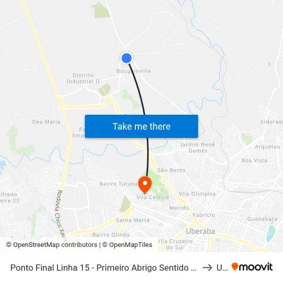Ponto Final Linha 15 - Primeiro Abrigo Sentido Terminal Oeste (Chácaras Bouganville) to Uftm map