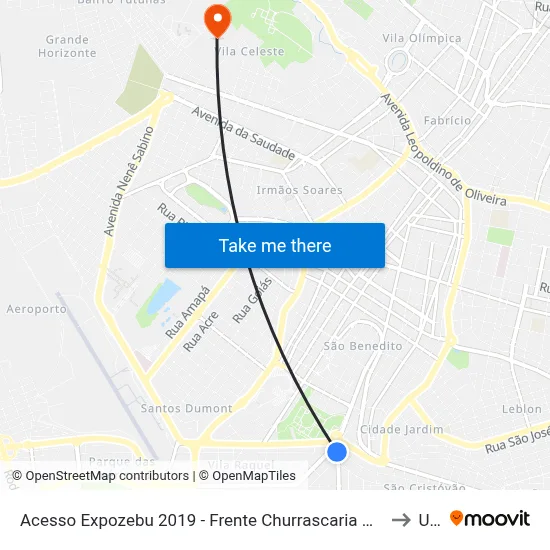 Acesso Expozebu 2019 - Frente Churrascaria Rodeio (Av. Tonico Dos Santos) to Uftm map