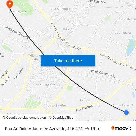 Rua Antônio Adauto De Azevedo, 426-474 to Uftm map