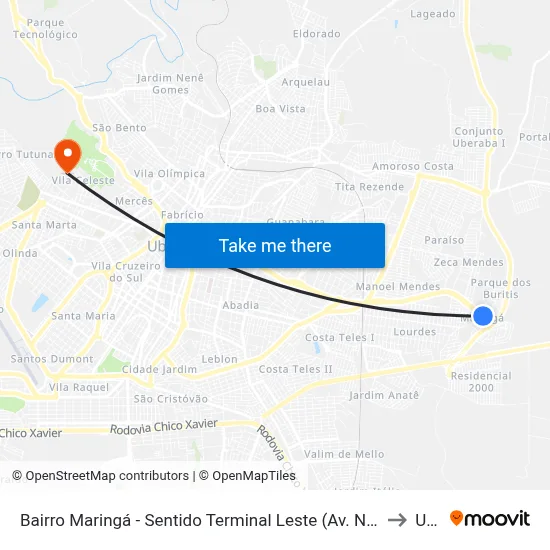 Bairro Maringá - Sentido Terminal Leste (Av. Niza Marquez Guaritá) to Uftm map