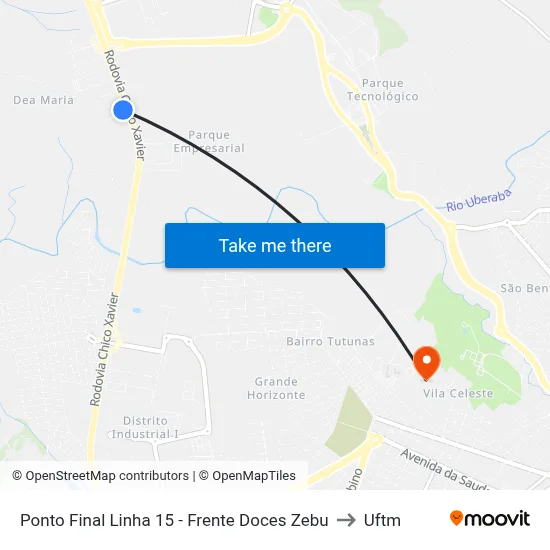 Ponto Final Linha 15 - Frente Doces Zebu to Uftm map