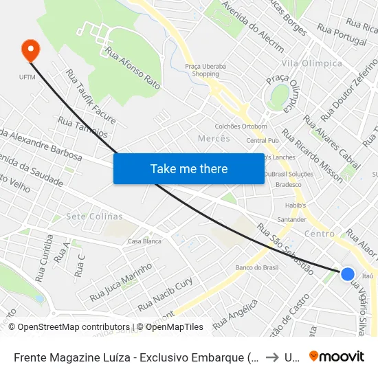 Frente Magazine Luíza - Exclusivo Embarque (Rua Vigário Silva) to Uftm map