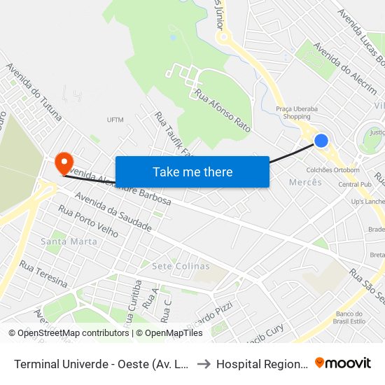 Terminal Univerde - Oeste (Av. Leopoldino De Oliveira, 5100) to Hospital Regional José Alencar map