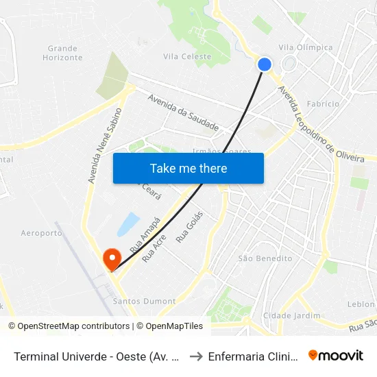 Terminal Univerde - Oeste (Av. Leopoldino De Oliveira, 5100) to Enfermaria Clinica Medica  MPHU map