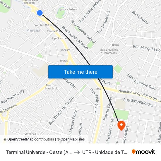 Terminal Univerde - Oeste (Av. Leopoldino De Oliveira, 5100) to UTR - Unidade de Terapia Renal - HC / UFTM map