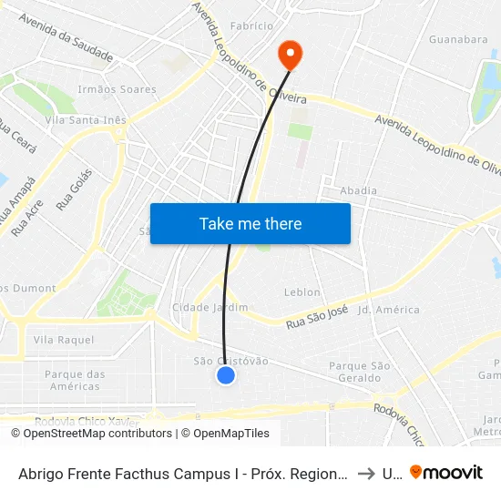 Abrigo Frente Facthus Campus I - Próx. Regional De Saúde São Cristóvão / Sentido Terminal Gameleiras (Rua Manoel Gonçalves Rezende) to Uberaba map