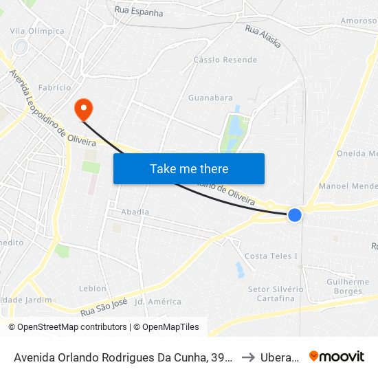 Avenida Orlando Rodrigues Da Cunha, 3999 to Uberaba map