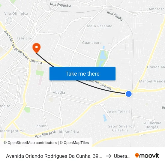 Avenida Orlando Rodrigues Da Cunha, 3999 to Uberaba map