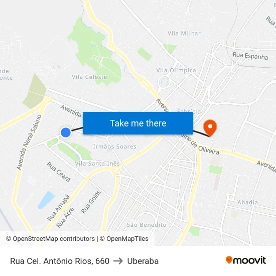 Rua Cel. Antônio Rios, 660 to Uberaba map