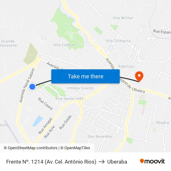 Frente Nº. 1214 (Av. Cel. Antônio Rios) to Uberaba map