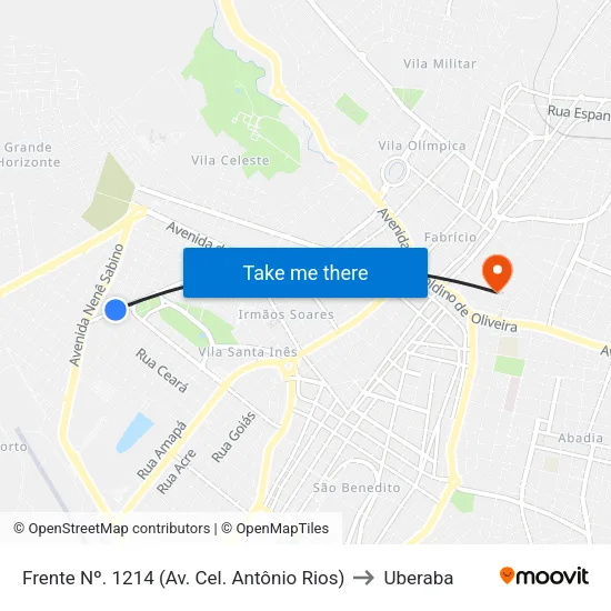 Rua. Cel. Antônio Rios, 1204 to Uberaba map