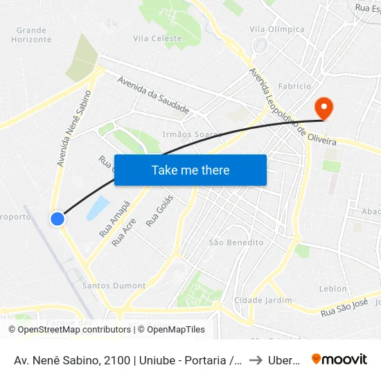 Av. Nenê Sabino, 2100 | Uniube - Portaria / Bloco S to Uberaba map