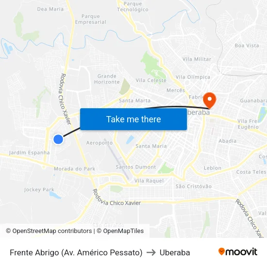 Frente Abrigo (Av. Américo Pessato) to Uberaba map