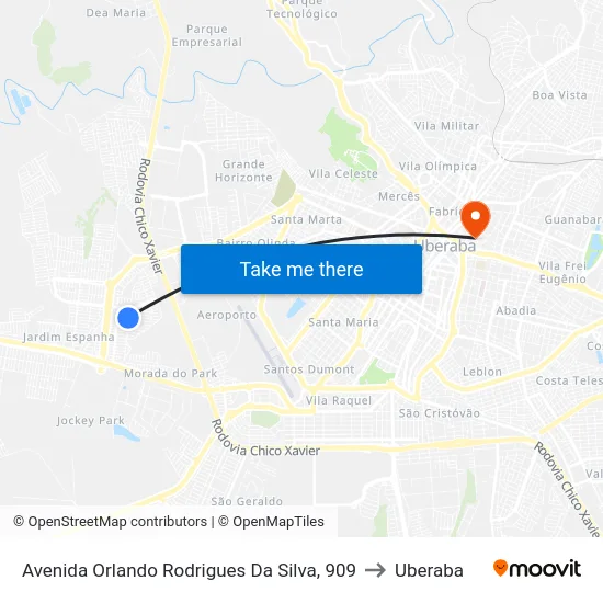 Avenida Orlando Rodrigues Da Silva, 909 to Uberaba map