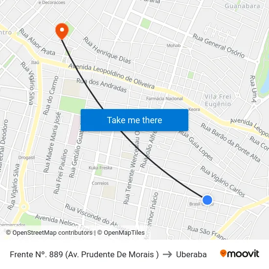 Frente Nº. 889 (Av. Prudente De Morais ) to Uberaba map