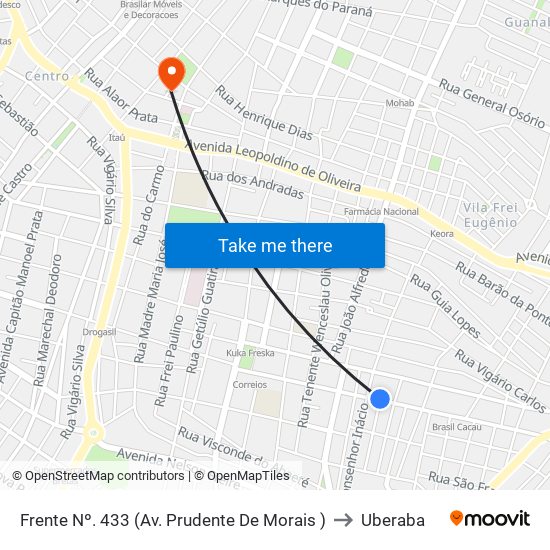 Frente Nº. 433 (Av. Prudente De Morais ) to Uberaba map