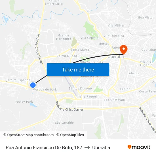 Rua Antônio Francisco De Brito, 187 to Uberaba map