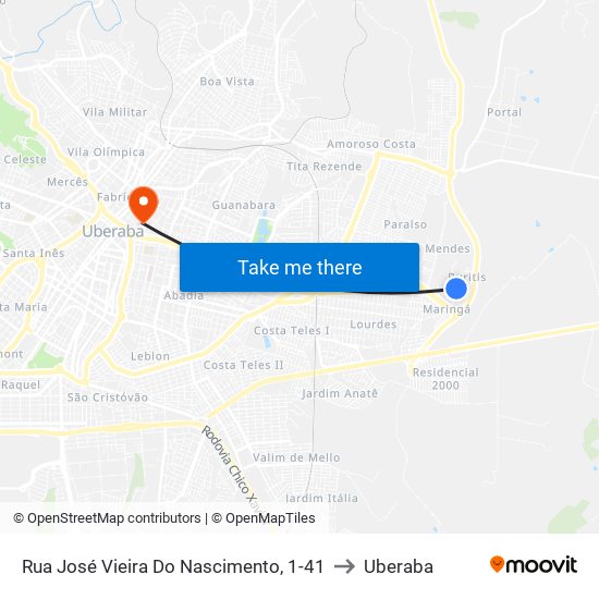 Rua José Vieira Do Nascimento, 1-41 to Uberaba map