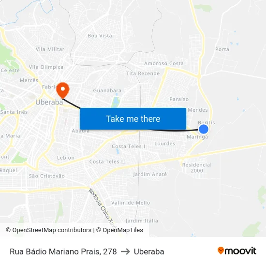 Rua Bádio Mariano Prais, 278 to Uberaba map
