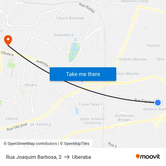 Rua Joaquim Barbosa, 2 to Uberaba map