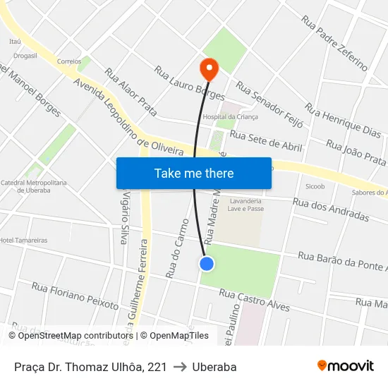 Praça Dr. Thomaz Ulhôa, 221 to Uberaba map