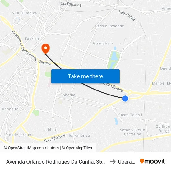 Avenida Orlando Rodrigues Da Cunha, 3515 to Uberaba map